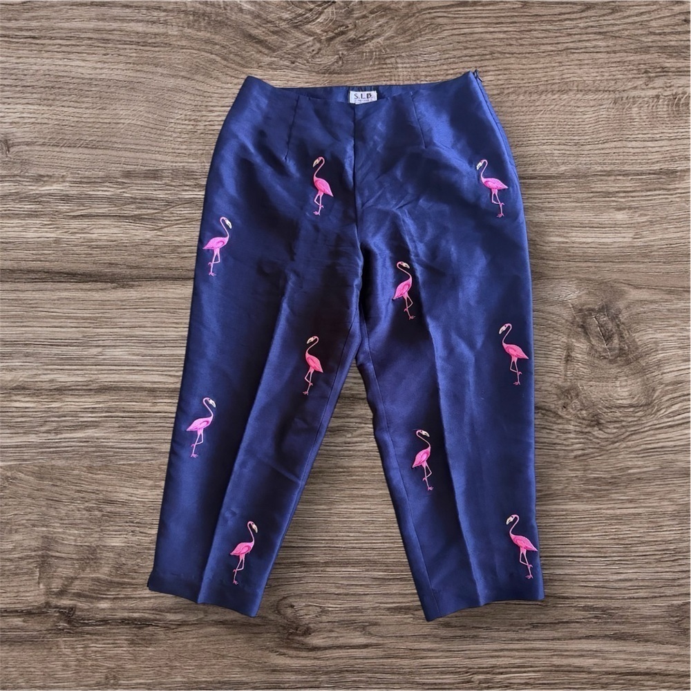 SLB Silk Lined Silk Capri Black Pants Embroidered Cropped Pink Flamingos Size 4